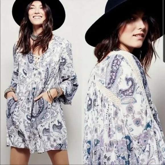 Free People Dresses & Skirts - Free People Rain or Shine Peasant Lace Up Dress S Purple Paisley Boho Crochet